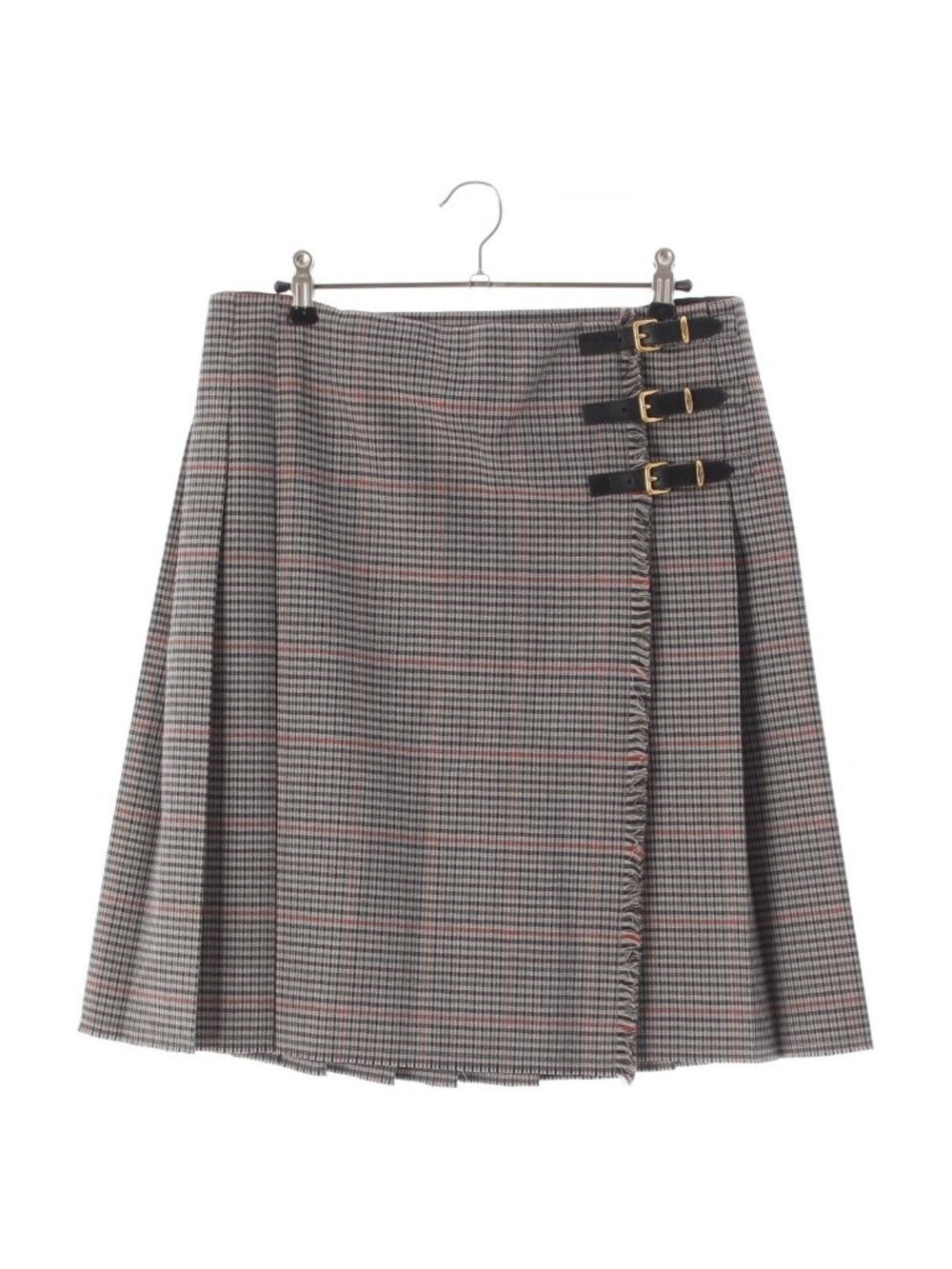 Miu Miu Wool Leather Belted Back Logo Glen Check Skirt Gray Multicolor 36